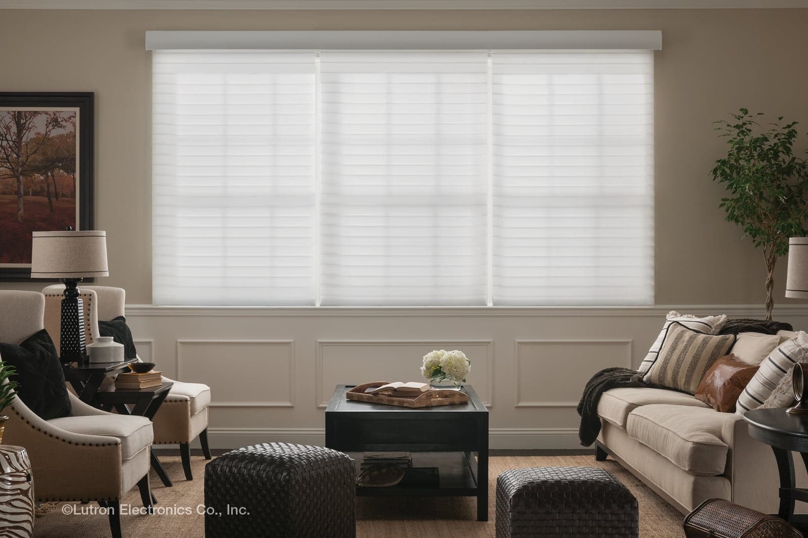 Gulf Coast living room with Lutron shades lowered against bright coastal light