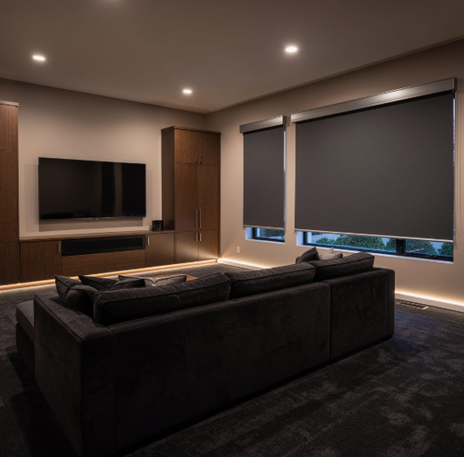 Home theater with blackout roller shades lowered and warm cove lighting behind the sectional